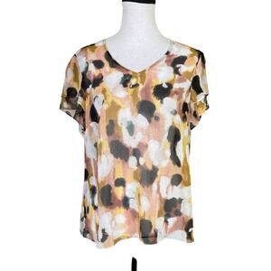 Cabi 4344 Agenda Brown Neutral Watercolor Sheer Flutter Sleeve V-neck Blouse